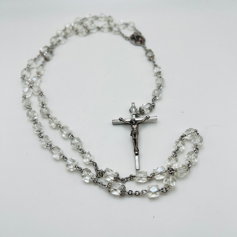 Vintage Clear Glass Bead Rosary Silver Tone Crucifix Virgin Mary Catholic Prayer